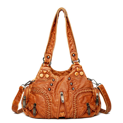 Yellow Women's Vintage Studded Hobo Bag - Soft Washed Leather Multi-Pocket Shoulder & Crossbody Purse