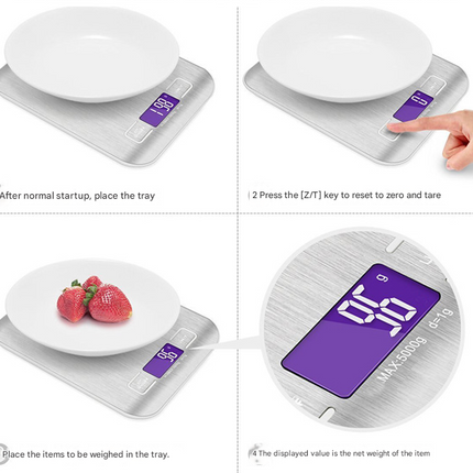 Silver Ultra-Slim Rechargeable Digital Kitchen Scale - Stainless Steel Food & Baking Scale with LCD Display (5kg/1g)