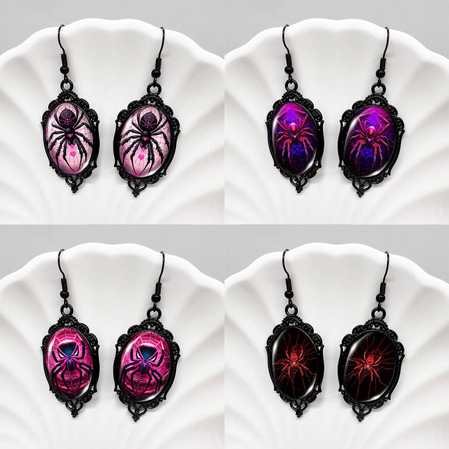 (Assorted 4-Pair Set) Gothic Spider Dangle Earrings - Vintage Black Frame Halloween Jewelry