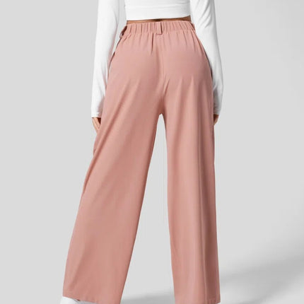 L Pink Drapey High-Waist Wide-Leg Trousers - Loose Fit Casual Long Pants for Women