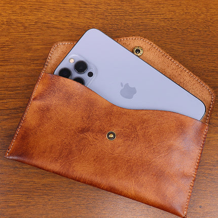 Brown Vintage Japanese Style Full-Grain Leather Phone Wallet - Slim Envelope Clutch for Women