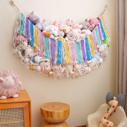 Pink Hand-Woven Cotton Rope Plush Toy Hammock - Wall Organizer with Tassels, Decorative Toy Net (150 x 40cm)