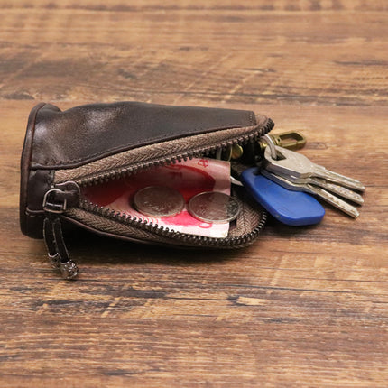 Brown Vintage Top-Grain Cowhide Key Pouch - Men's Large Capacity Waist-Mounted Retro Key Holder (11x6x6 cm)