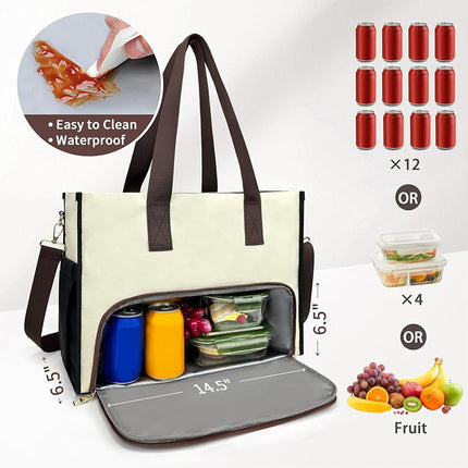 Black-brown Large Capacity Insulated Lunch Tote Bag with Shoulder Strap Leakproof Cooler Handbag Multi-Pocket Work Organizer for Office and Picnics