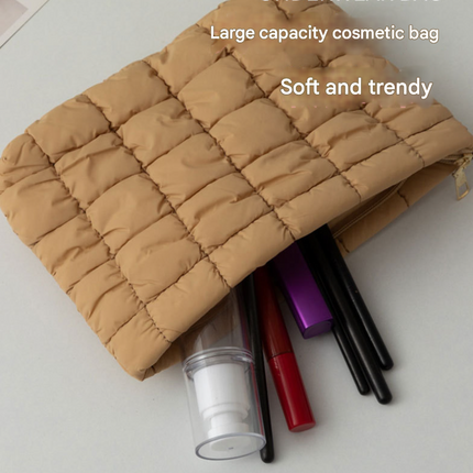 Light Brown 2 Pack Quilted Puffer Clutch Bag Set Checkered Makeup Pouch Women Fashion Cosmetic Organiser for Travel and Daily Use