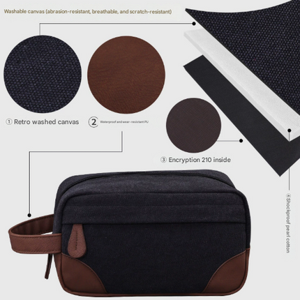Grey Men's Vintage Canvas Toiletry Bag PU Leather Accent Travel Wash Pouch Large Capacity Shaving Kit Organiser