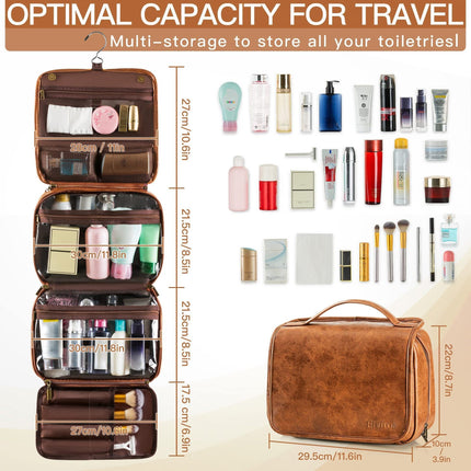 Black Large Hanging Toiletry Bag Waterproof Leather Travel Organiser 4 Compartment Cosmetic Case with Swivel Hook Ideal for Holidays