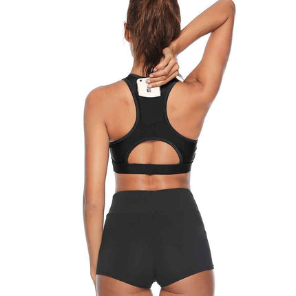 S Black Women Sports Bra with Back Phone Pocket Racerback Yoga Crop Top Medium Support Activewear for Running Gym and Fitness
