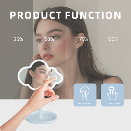 Blue Cute Cloud Shaped LED Makeup Mirror Desktop Vanity Light with Storage Tray 360 Rotation Cordless Cosmetic Beauty Tool