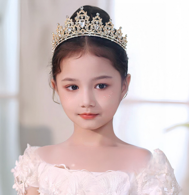 Golden-red Girls Princess Tiara Crown Crystal Rhinestone Headpiece 14cm Diameter for Birthday Party Dance Performance and Flower Girls Elegant Hair Accessory
