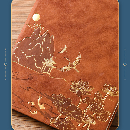 Green A5 Premium Notebook Gift Set with Pen - PU Leather Journal with Gold Oriental Art - 200 Pages Business Diary & Corporate Gift Box (Lotus & Crane Design)