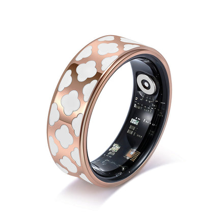 8# Striped Gold Smart Health Ring Tracker with Wireless Charging Case - Titanium Steel Fitness Wearable for Heart Rate, Sleep & Blood Oxygen Monitoring - Waterproof Wellness Device