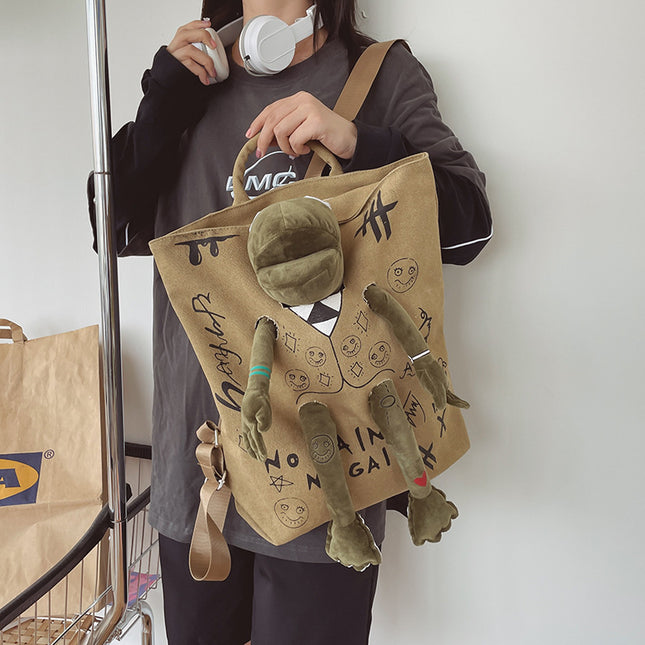 Khaki 3D Frog Graffiti Canvas Backpack Large Capacity 37x40cm School Bag for Students and Uni Students