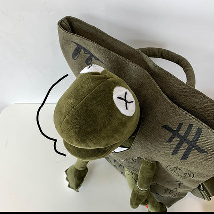 Khaki 3D Frog Graffiti Canvas Backpack Large Capacity 37x40cm School Bag for Students and Uni Students - Creative Aesthetic Rucksack