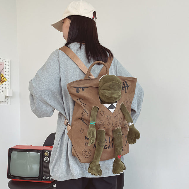 Coffee-brown 3D Frog Graffiti Canvas Backpack Large Capacity 37x40cm School Bag for Students and Uni