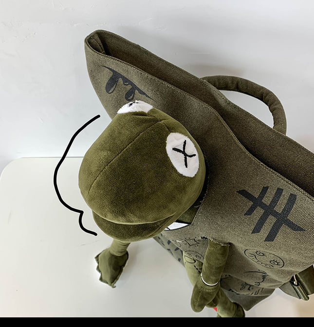Coffee-brown 3D Frog Graffiti Canvas Backpack Large Capacity 37x40cm School Bag for Students and Uni – product detail