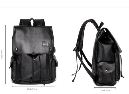 Black Men's Fashion PU Leather Backpack - Large Capacity 42cm Laptop Rucksack for University, Travel and Casual Business Use