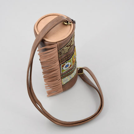 Boho Ethnic PU Leather Cylindrical Crossbody Bag with Embroidery and Fringe - 21cm Vintage Retro Drum Bag for Daily Use