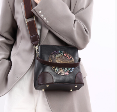 Black Vintage Ethnic Embossed Elephant Bucket Bag