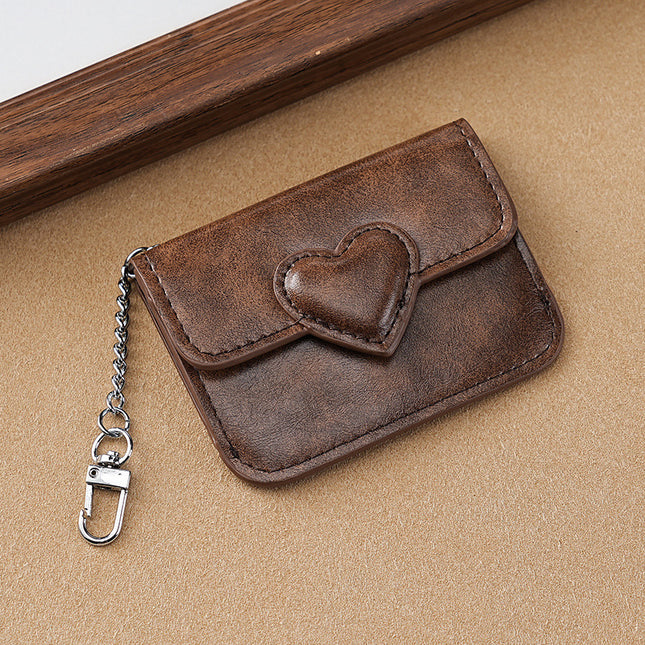 2PCS Coffee Women's Slim PU Leather Card Holder with Cute Heart Detail and Keychain Clip