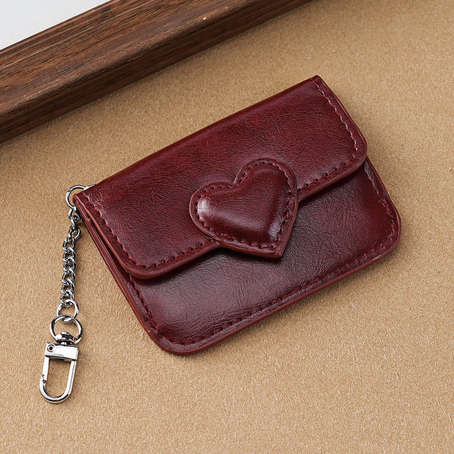 2PCS Wine Red Women's Slim PU Leather Card Holder with Cute Heart Detail and Keychain Clip