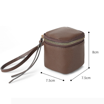 Coffee 2 Pack Mini PU Leather Cube Cosmetic Bag - Portable Travel Pouch for Lipstick, Coins and Jewelry - Compact Storage with Wrist Strap 8x7.5cm