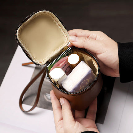 Coffee 2 Pack Mini PU Leather Cube Cosmetic Bag - Portable Travel Pouch for Lipstick, Coins and Jewelry - Compact Storage with Wrist Strap 8x7.5cm