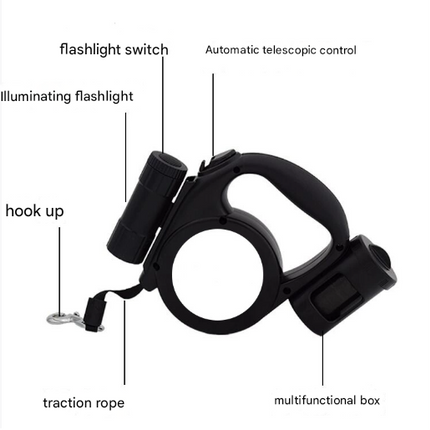 Black 3-in-1 Retractable Dog Leash with LED Flashlight and Waste Bag Dispenser 5m Nylon Lead for Dogs up to 20kg Essential Pet Walking Gear