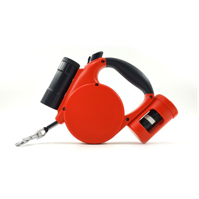 Red 3-in-1 Retractable Dog Leash with LED Flashlight and Waste Bag Dispenser 5m Nylon Lead for Dogs up to