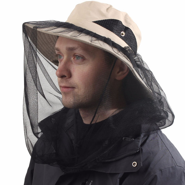Khaki Outdoor Mosquito Head Net Hat with 40cm Mesh Shield