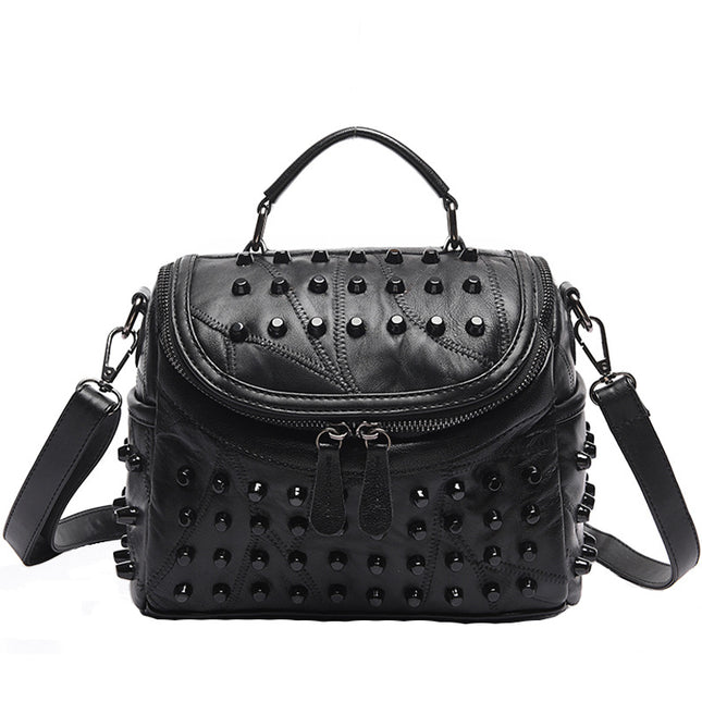 Women's Black Studded Handbag Soft PU Leather Crossbody Shoulder Bag with Rivets Trendy Box Purse 22cm for