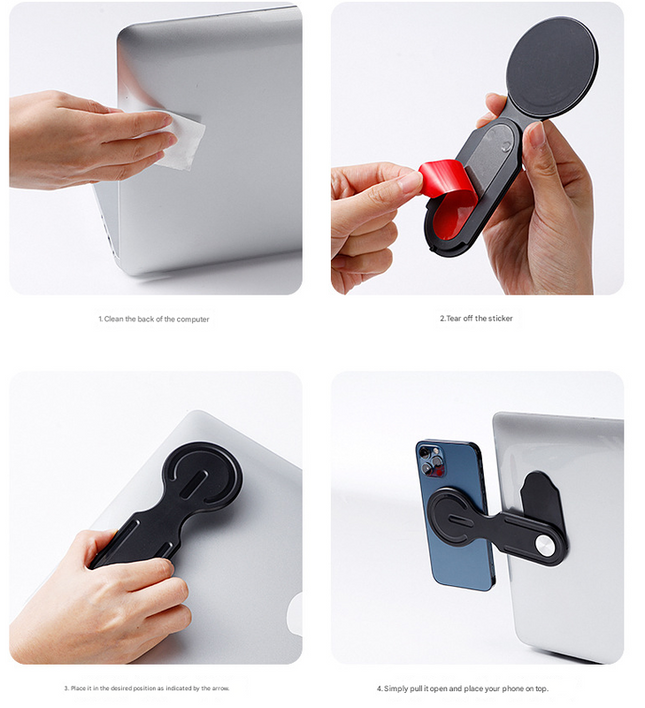 Black Magnetic Laptop Phone Holder Side Mount Expansion Bracket Slim 6mm Foldable Stand with Metal Ring – product detail
