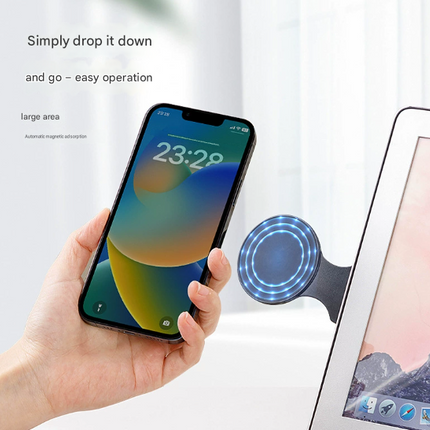 Black Magnetic Laptop Phone Holder Side Mount Expansion Bracket Slim 6mm Foldable Stand with Metal Ring for Dual Screen Work Office Setup
