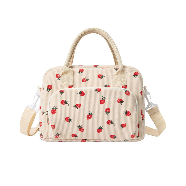 Beige Women's Large Corduroy Lunch Bag Insulated Thermal Tote Strawberry Print with Shoulder Strap for Work