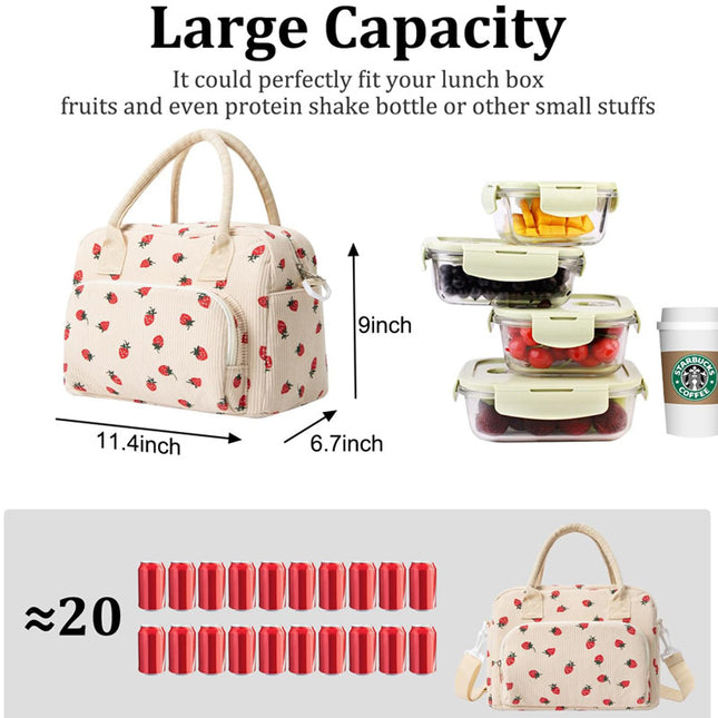 Beige Women's Large Corduroy Lunch Bag Insulated Thermal Tote Strawberry Print with Shoulder Strap for – product detail