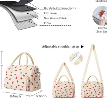 Beige Women's Large Corduroy Lunch Bag Insulated Thermal Tote Strawberry Print with Shoulder Strap for Work School & Picnics