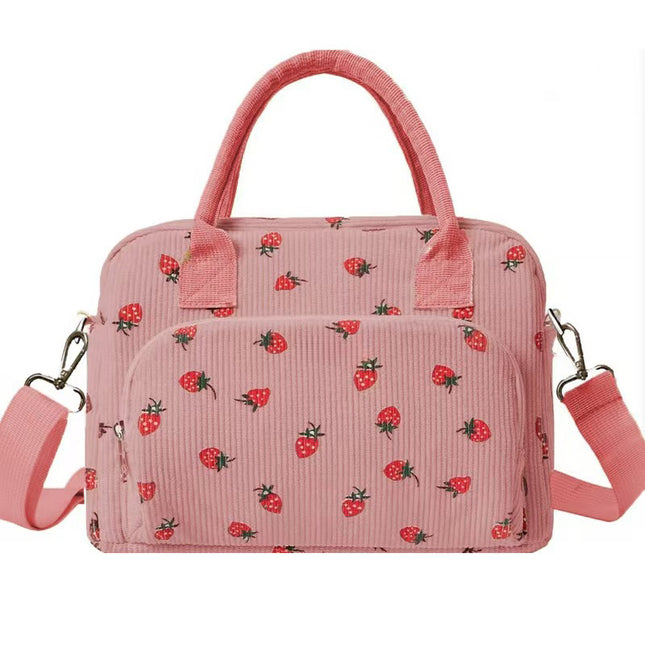 Pink Women's Large Corduroy Lunch Bag Insulated Thermal Tote Strawberry Print with Shoulder Strap for Work