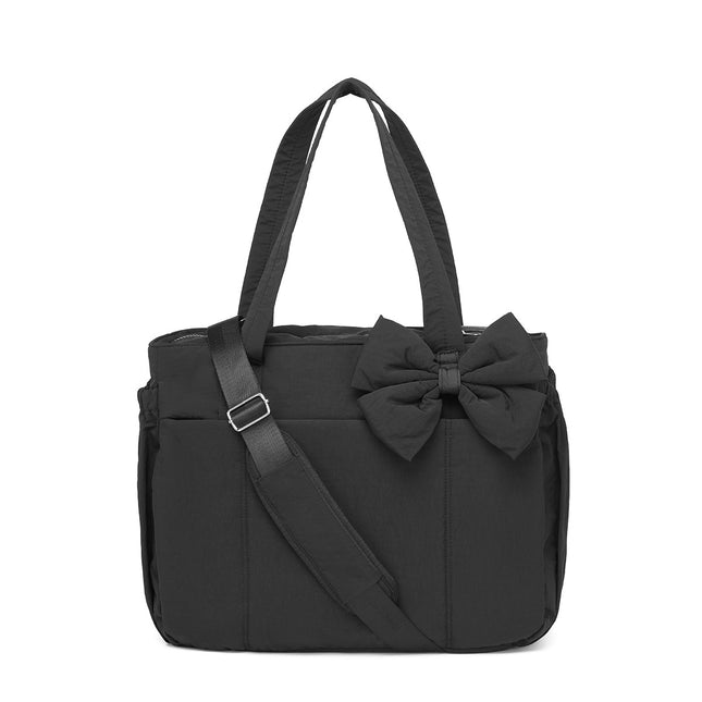Black Women's Quilted Puffer Tote Bag Large Capacity Lightweight Bow Handbag with Shoulder Strap 42cm for