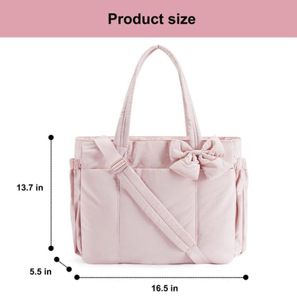 Black Women's Quilted Puffer Tote Bag Large Capacity Lightweight Bow Handbag with Shoulder Strap 42cm for Gym Travel & Baby Care