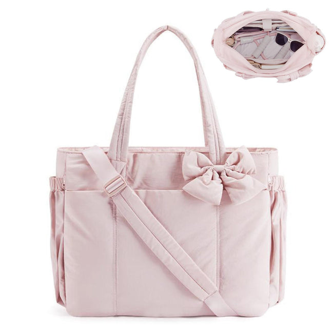 Pink Women's Quilted Puffer Tote Bag Large Capacity Lightweight Bow Handbag with Shoulder Strap 42cm for