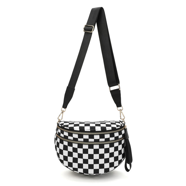 Black-and-white Checkered Pattern Women's Large Crescent Crossbody Bag Lightweight Oxford Cloth