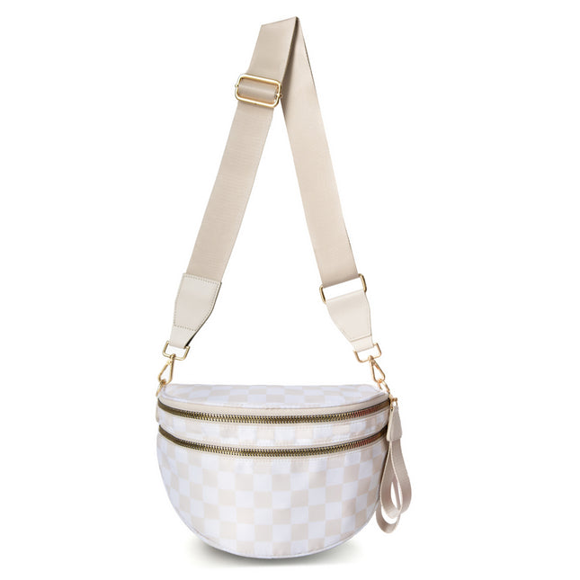 White-and-beige Checkered Pattern Women's Large Crescent Crossbody Bag Lightweight Oxford Cloth