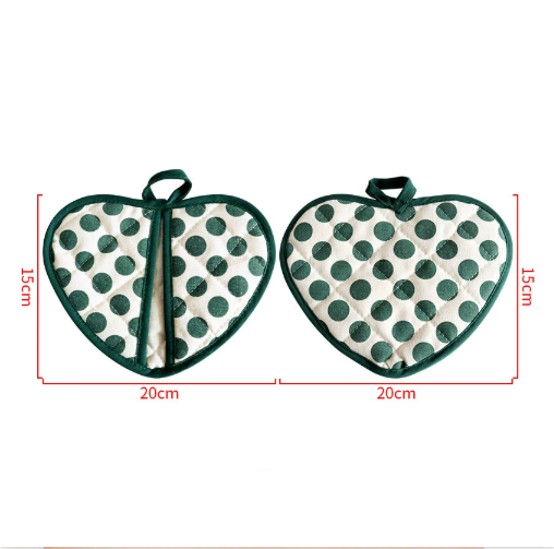Green 2 Pack Heart Shaped Oven Mitts Heat Resistant Cotton Pot Holders Double Layer Thick Insulation