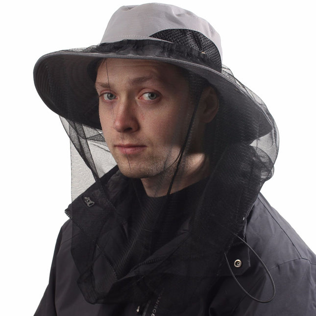 Light Grey Outdoor Mosquito Head Net Hat with 40cm Mesh Shield
