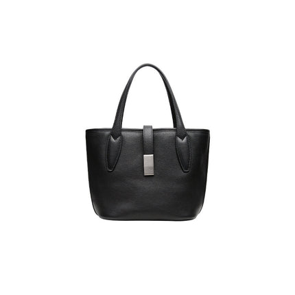 Black Women's Vegetable Tanned Leather Bucket Bag Minimalist Crossbody Handbag with Inner Canvas Pouch for Work Daily Use