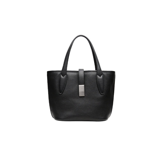 Black Women's Vegetable Tanned Leather Bucket Bag Minimalist Crossbody Handbag with Inner Canvas Pouch for