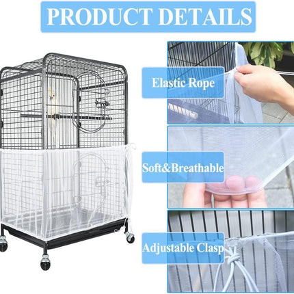XL White【Height 37, Circumference 220】 Large Bird Cage Seed Catcher Net Cover - Adjustable Mesh Guard Splash-Proof Dust Cover for Indoor Outdoor Cages