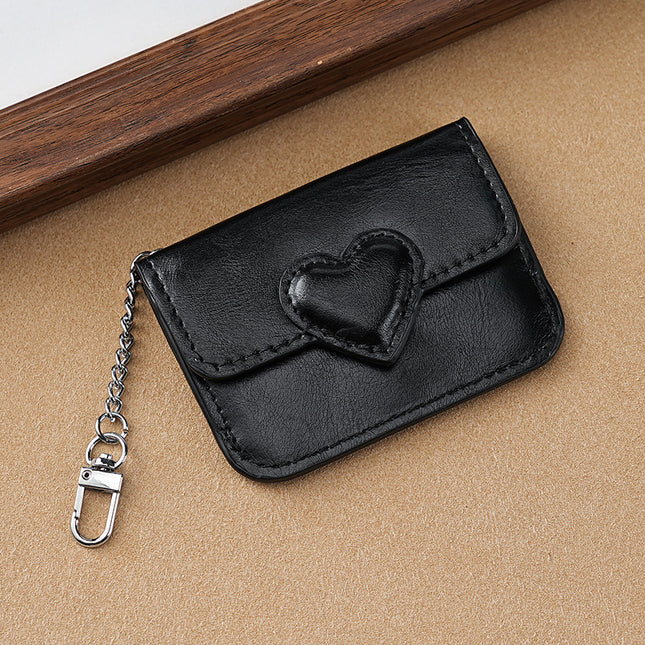 2PCS Black Women's Slim PU Leather Card Holder with Cute Heart Detail and Keychain Clip
