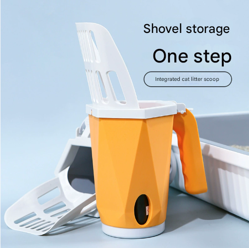 Yellow 2-in-1 Cat Litter Scoop with Attached Waste Bin Integrated Poop Scooper Holder Detachable Kit with – product detail
