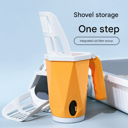 Grey 2-in-1 Cat Litter Scoop with Attached Waste Bin Integrated Poop Scooper Holder Detachable Kit with 150 Degradable Bags
